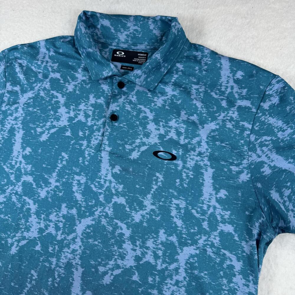 Oakley Polo Shirt Mens Size L Blue Abstract Hydrolix Golf Stretch Performance